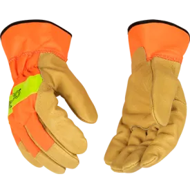 Kinco 1918 Hi-vis Nylon Fabric Back Safety Cuff Grain Pigskin Palm Gloves (One Dozen)