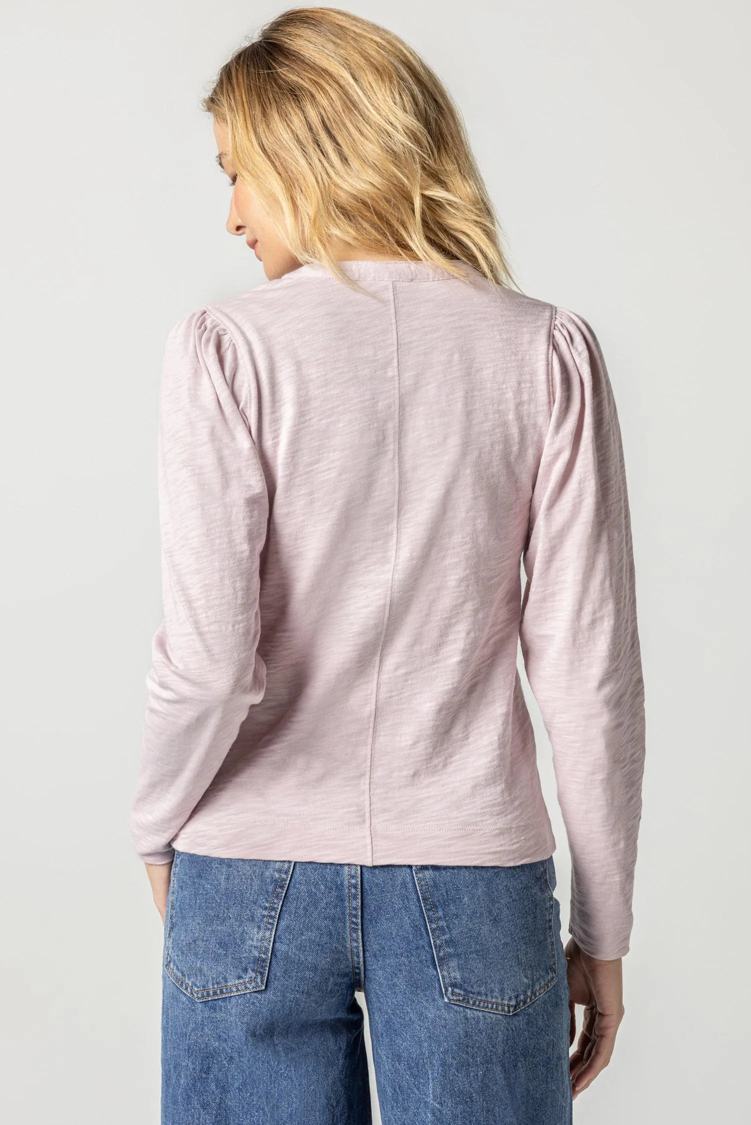 Shirred Long Sleeve Split Neck